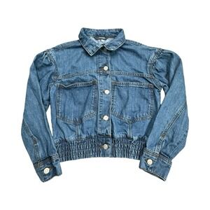 Violet Romance Denim Jacket Womens 4 Blue Cropped Puff Sleeve Smocked Waist